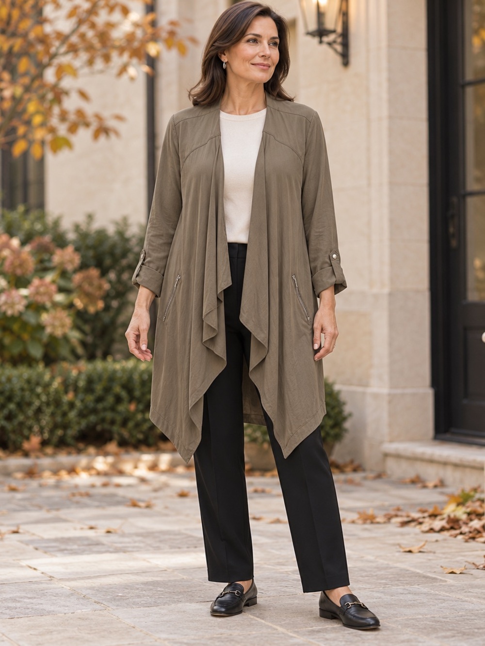 Lila Rose XL Tencel Waterfall Duster Olive Open Front Jacket Quiet Luxury Fall
